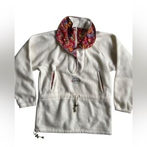 Vintage 80s POWDERHORN White Fleece Jacket with Floral Collar cinched waist